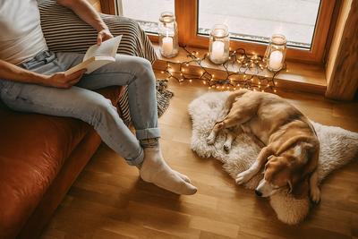 Man reading book on couch